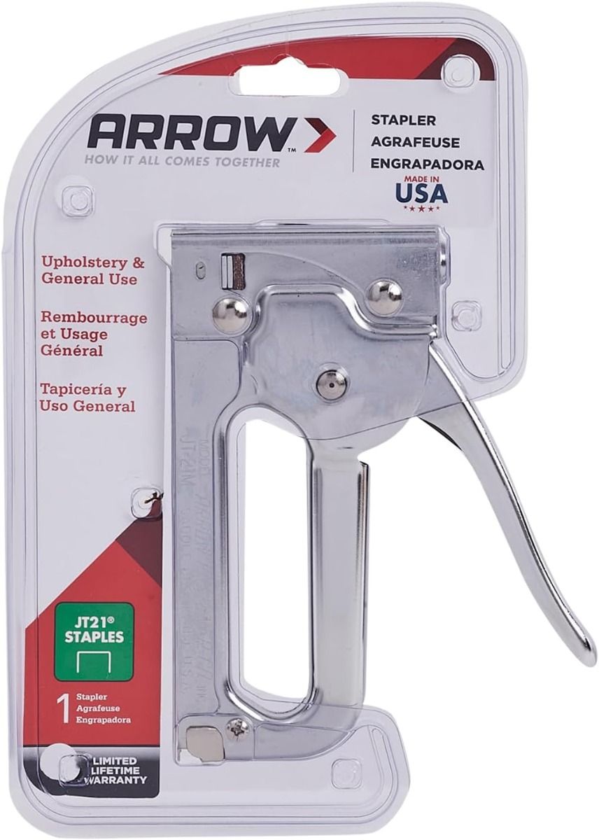 Grapadora manual profesional Arrow JT21CM – Compatible con grapas JT21 ¼″-3⁄8″, acero cromado, ideal tapicería & reparaciones ligeras