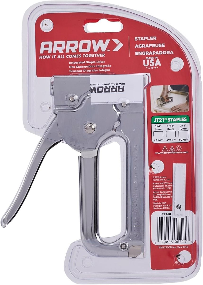 Grapadora manual profesional Arrow JT21CM – Compatible con grapas JT21 ¼″-3⁄8″, acero cromado, ideal tapicería & reparaciones ligeras