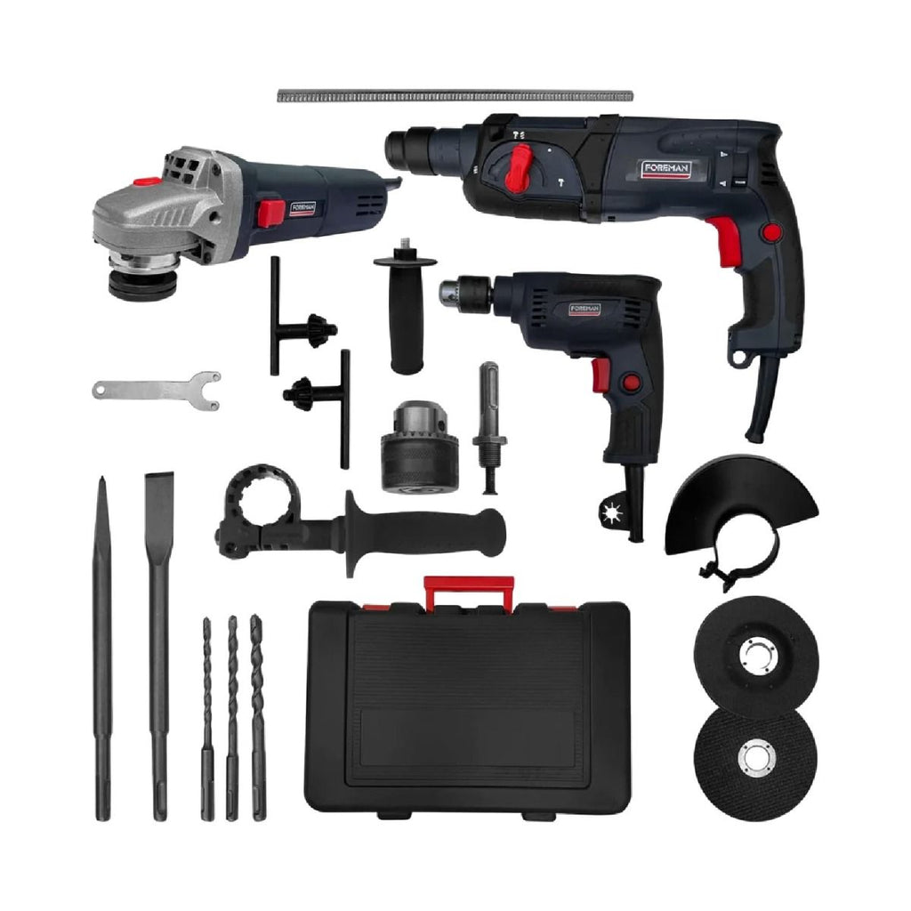 Kit de Herramientas FOREMAN FO2470 con Rotomartillo, Taladro y Esmeriladora 710W Profesional para Construcción y Bricolaje