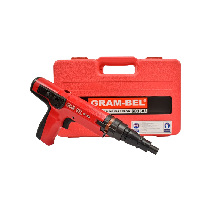 Pistola de fijacion GB350A Gram‑Bel con estuche rojo y canon de 8 mm para trabajos semi‑pesados