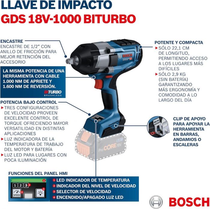 Llave de impacto inalámbrica 1/2" 18 V Bosch GDS 18V-1000 Professional – 1000 Nm de par, motor BITURBO Brushless