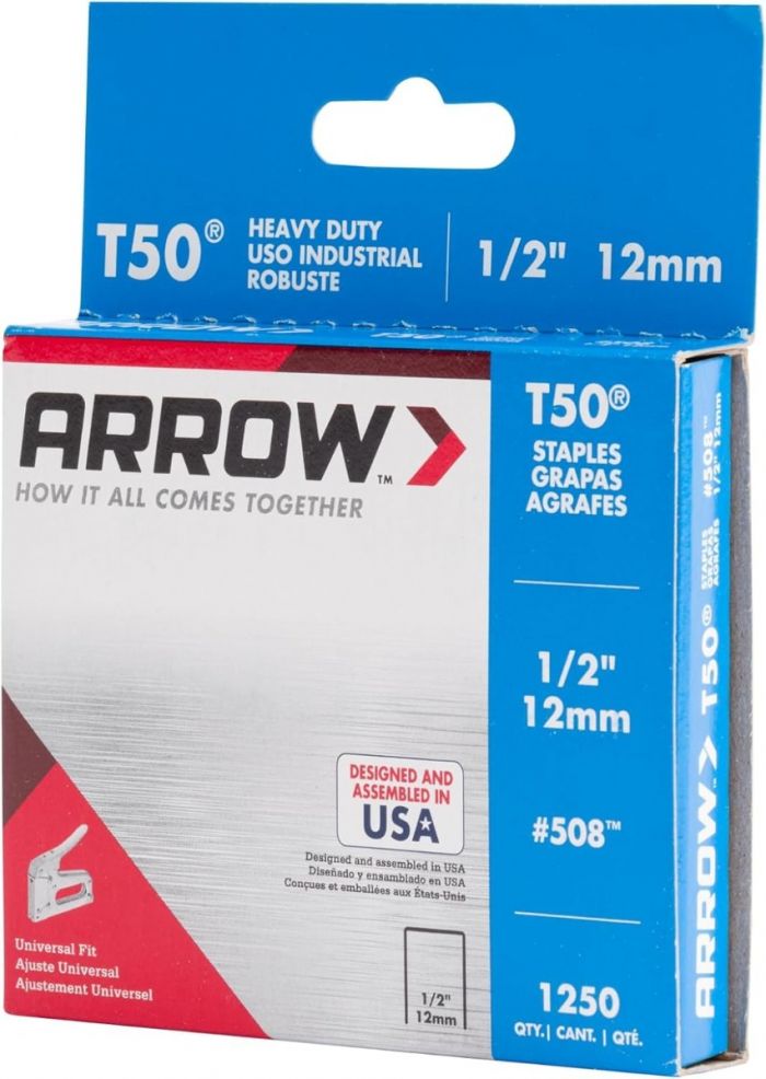 Grapas T50 #508 Arrow — 1/2″ de pierna x 3/8″ corona, Caja 1 250 pzs | Consumible profesional para grapadora T50