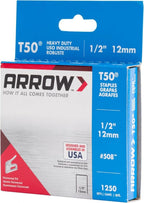 Grapas T50 #508 Arrow — 1/2″ de pierna x 3/8″ corona, Caja 1 250 pzs | Consumible profesional para grapadora T50