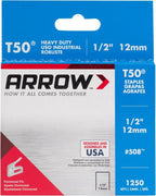 Grapas T50 #508 Arrow — 1/2″ de pierna x 3/8″ corona, Caja 1 250 pzs | Consumible profesional para grapadora T50