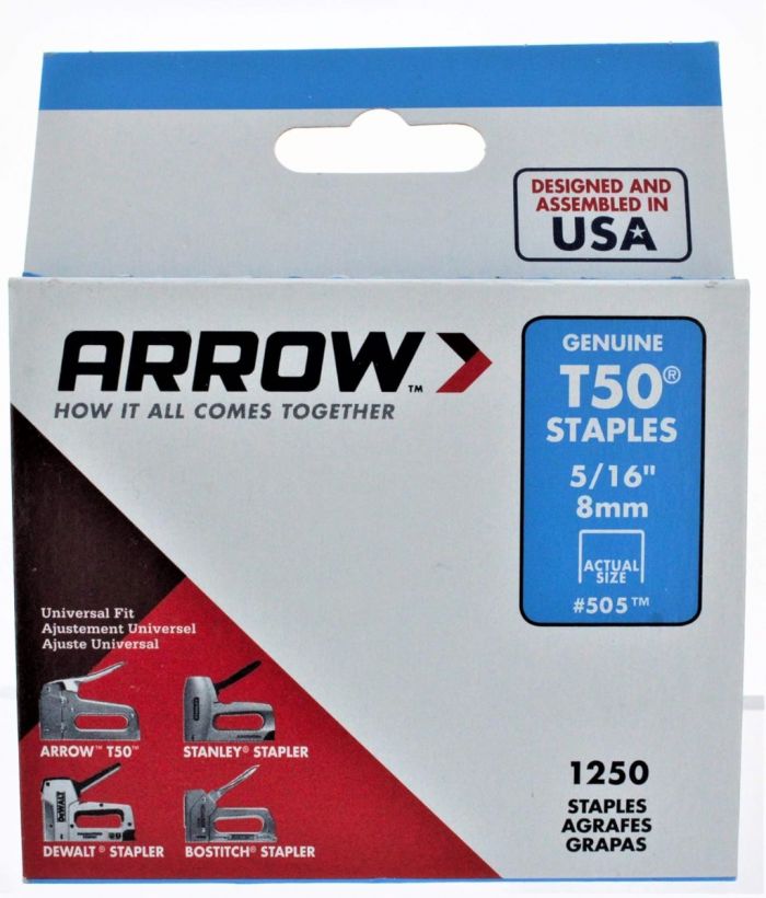 Grapas T50 #505 Arrow – 5/16″ (≈ 8 mm) pierna × 3/8″ (≈ 10 mm) corona, caja 1 250 pzs – Alta resistencia para grapadora T50