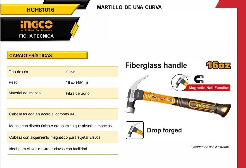 Martillo de Uña Ingco HCH81016 16oz de Acero Forjado con Mango Fibra de Vidrio Antivibración y Cabeza Pulida Profesional