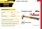 Martillo de Uña Ingco HCH81016 16oz de Acero Forjado con Mango Fibra de Vidrio Antivibración y Cabeza Pulida Profesional