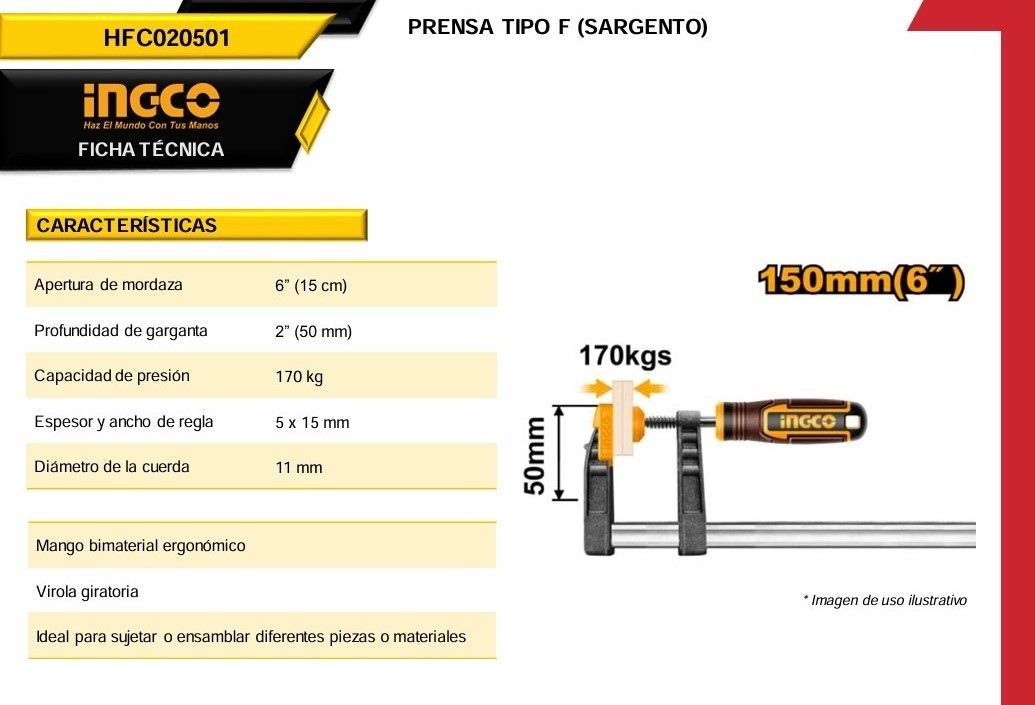 Sargento Para Madera Ingco HFC020501 6” de Acero Reforzado con Mordazas Antideslizantes y Mango Ergonómico