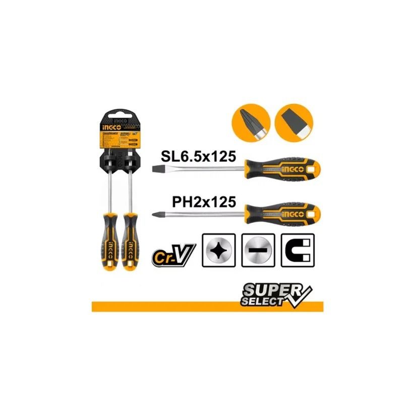 Juego de Desarmadores 2 Piezas Ingco HKSD0248 | CR-V Profesional SL6.5×125 & PH2×125