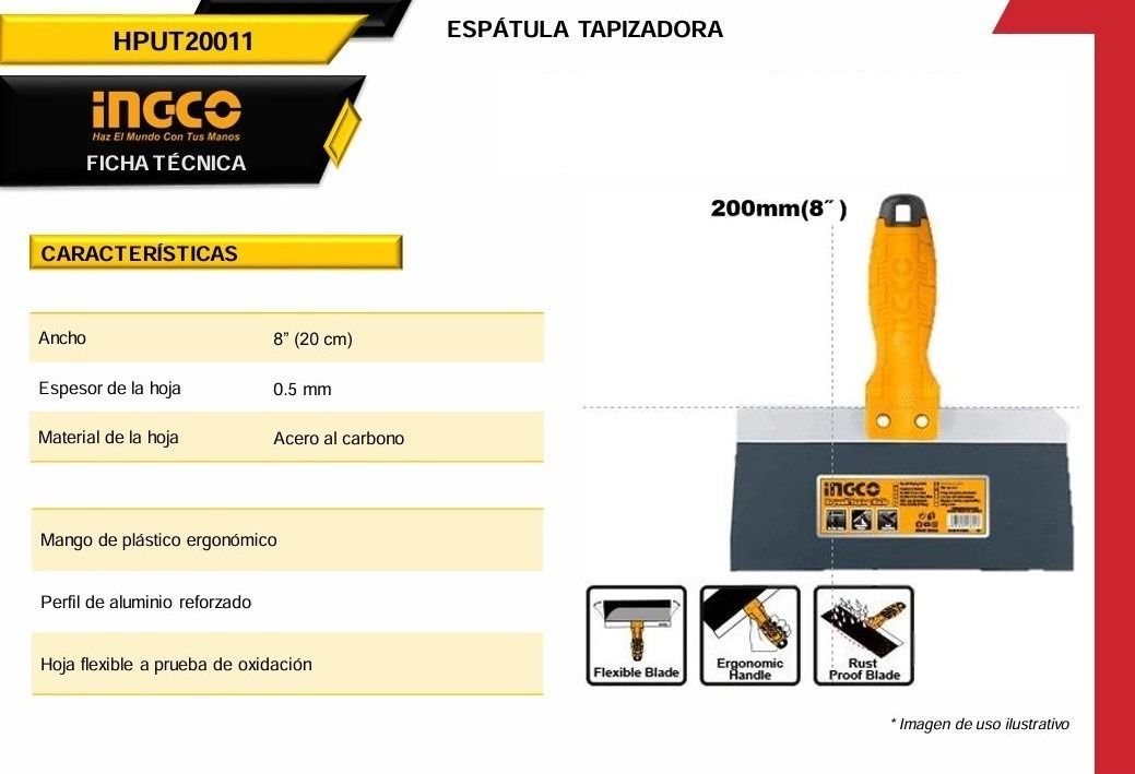 Espátula Para Yeso Ingco HPUT20011 8” de Acero Inoxidable con Mango Ergonómico Antideslizante y Hoja Flexible Profesional