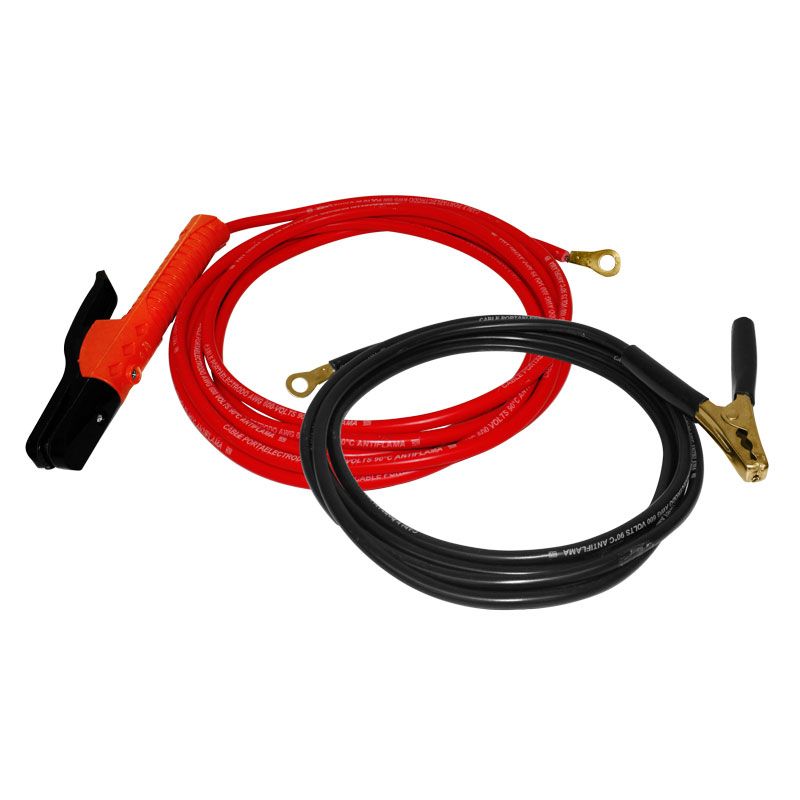 Cables para soldar 10 m 300 A con portaelectrodo y tenaza de tierra; rojo y negro, cobre trenzado