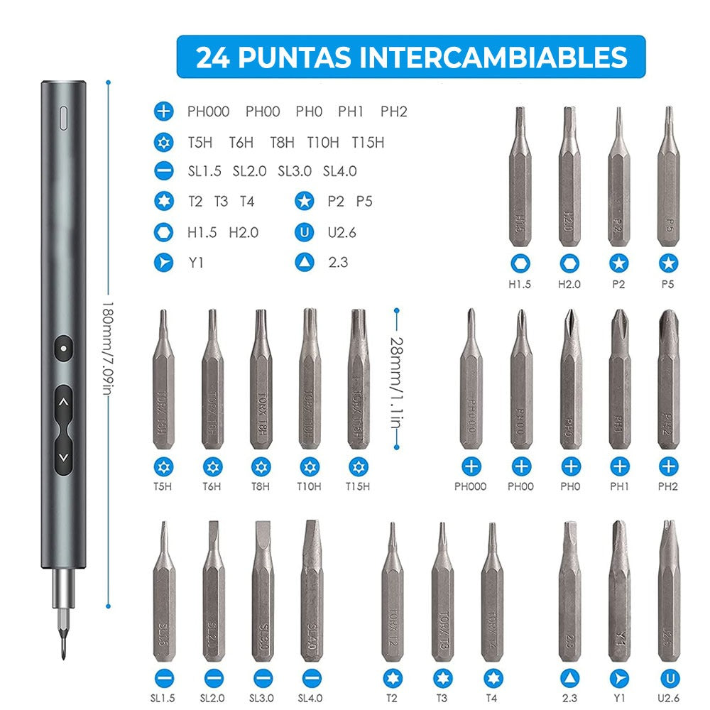 Mini Destornillador Eléctrico con 24 Puntas y 3 Luces LED – Kit Recargable Portátil de Precisión