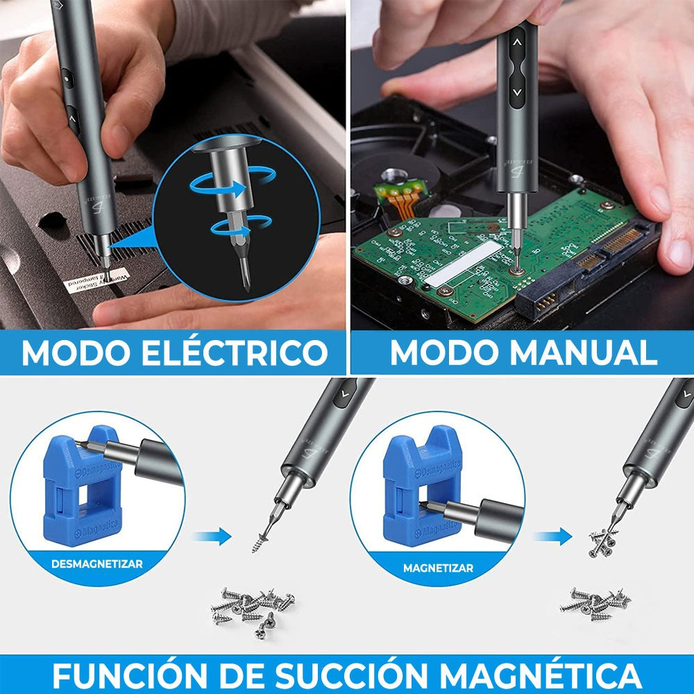 Mini Destornillador Eléctrico con 24 Puntas y 3 Luces LED – Kit Recargable Portátil de Precisión