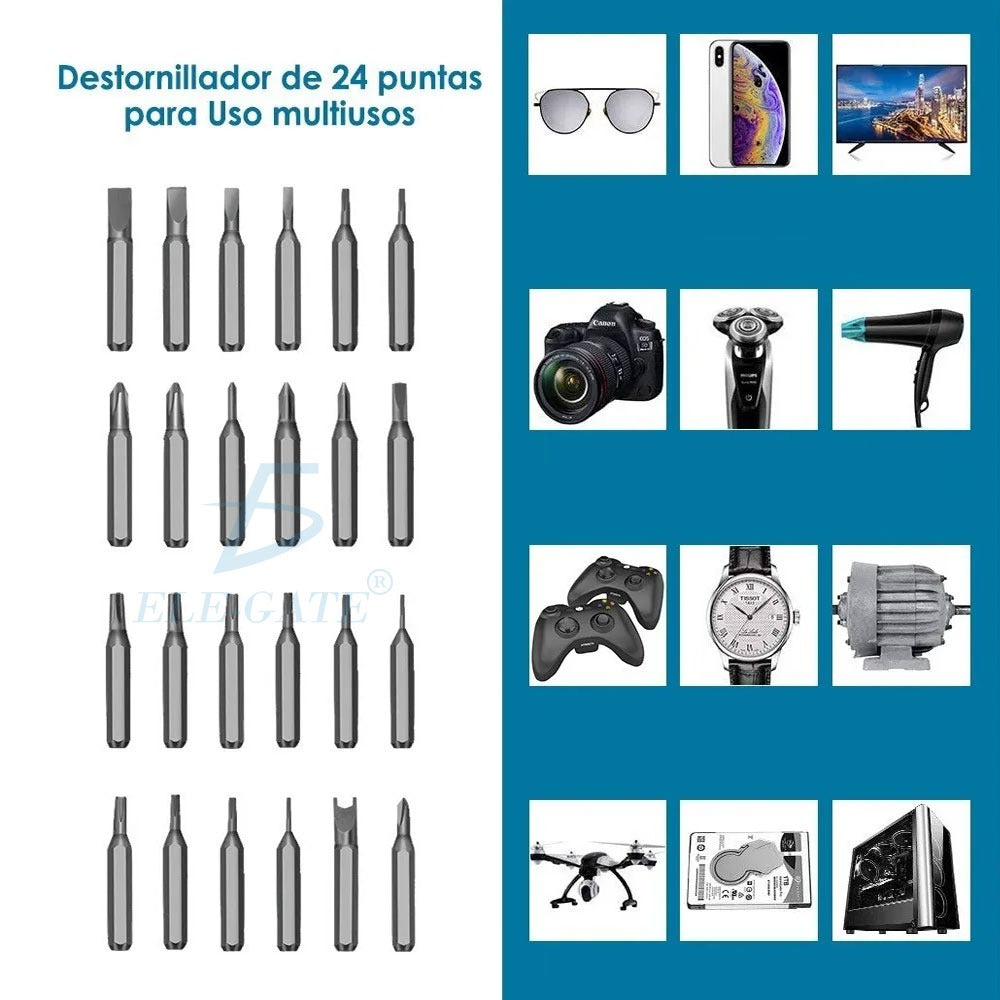 Mini Destornillador Eléctrico con 24 Puntas y 3 Luces LED – Kit Recargable Portátil de Precisión