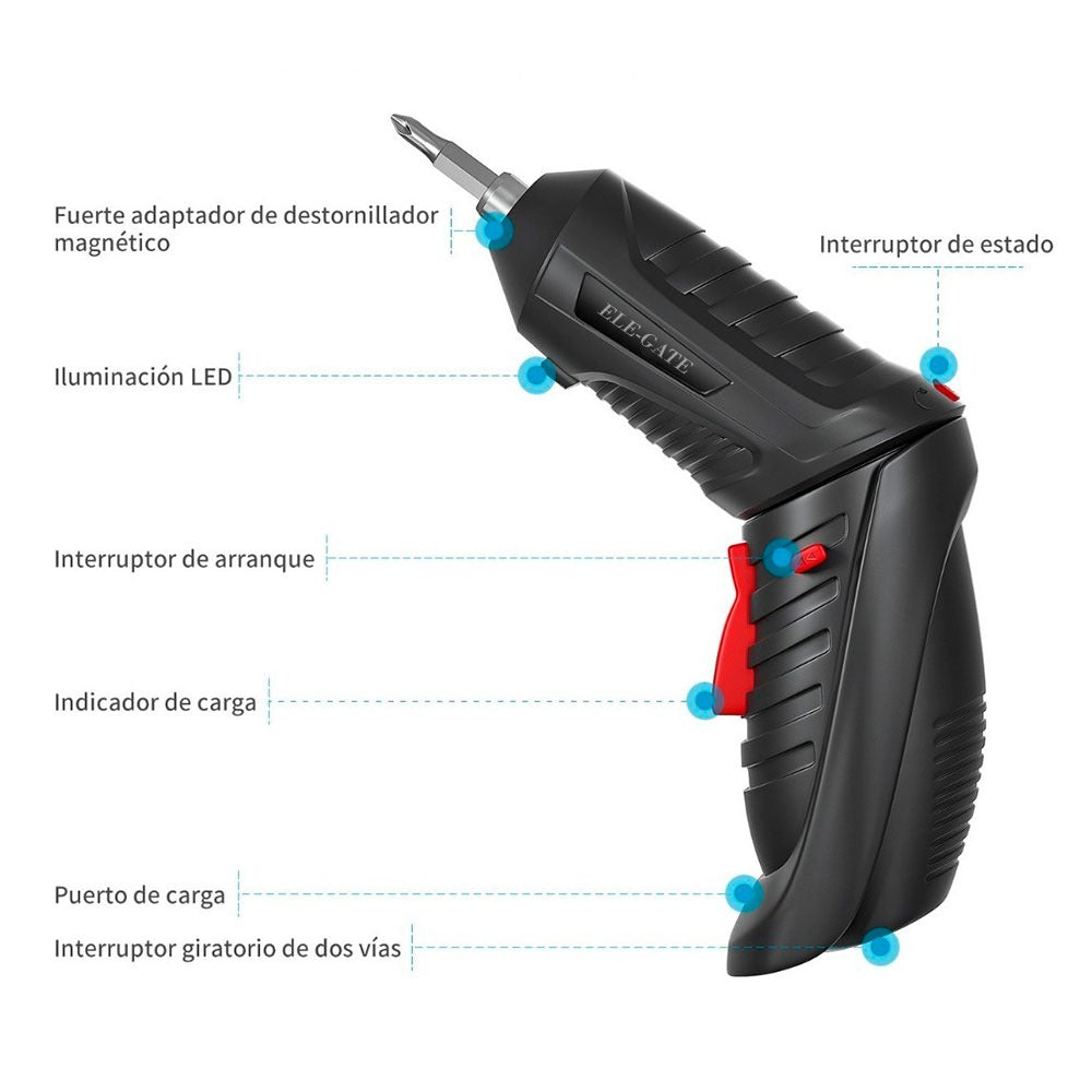 Destornillador Eléctrico Inalámbrico 3.6V con 47 Piezas – Taladro Portátil Recargable con Maletín