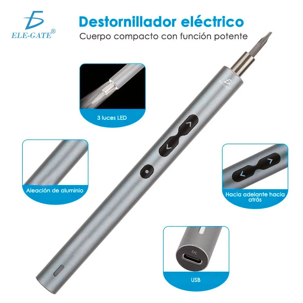Mini Destornillador Eléctrico con 24 Puntas y 3 Luces LED – Kit Recargable Portátil de Precisión