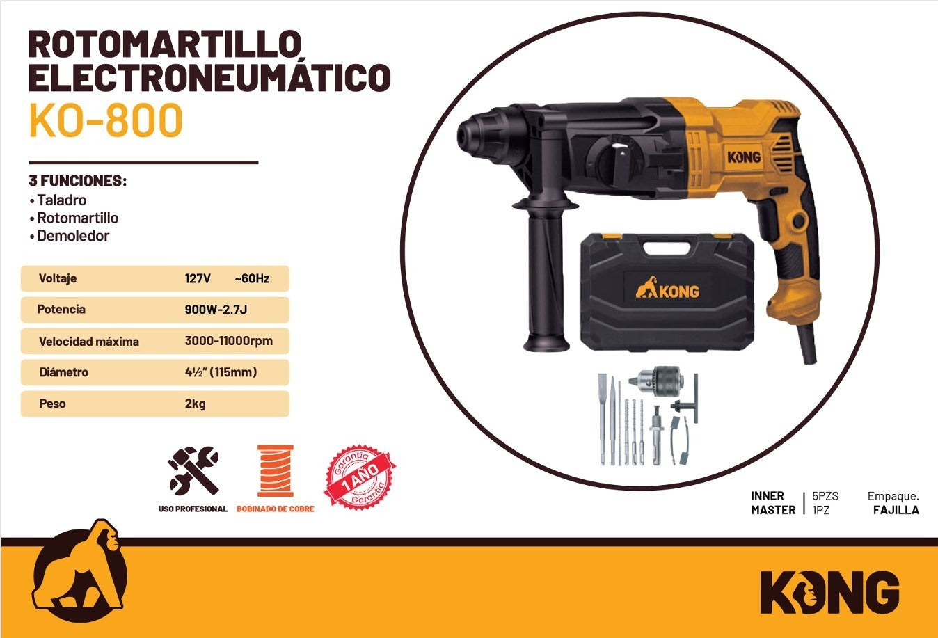 Rotomartillo Electroneumático KONG KO-800 de 900W – Profesional SDS Plus para Concreto, Metal y Madera