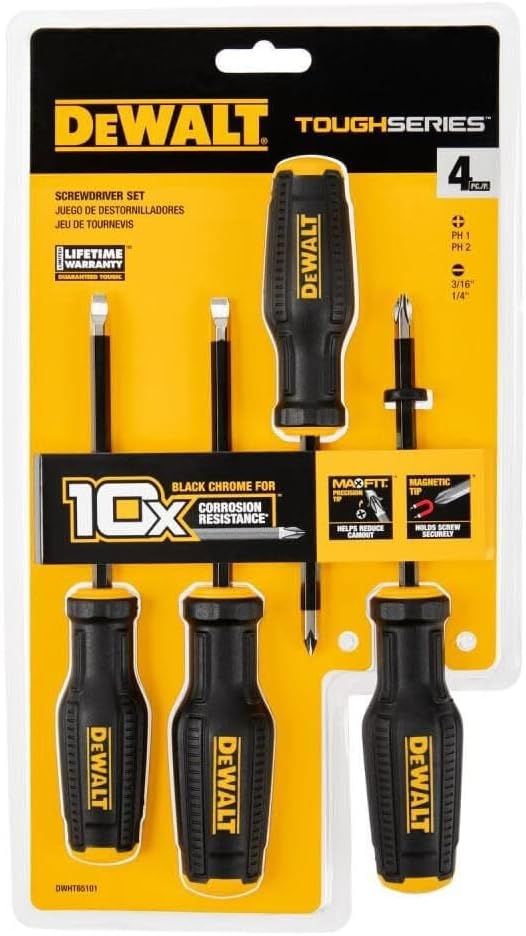 Juego de Desarmadores 4 Piezas DEWALT TOUGHSERIES DWHT65101 | Barras de S2, Punta MAX FIT®, Acabado Cromo Negro