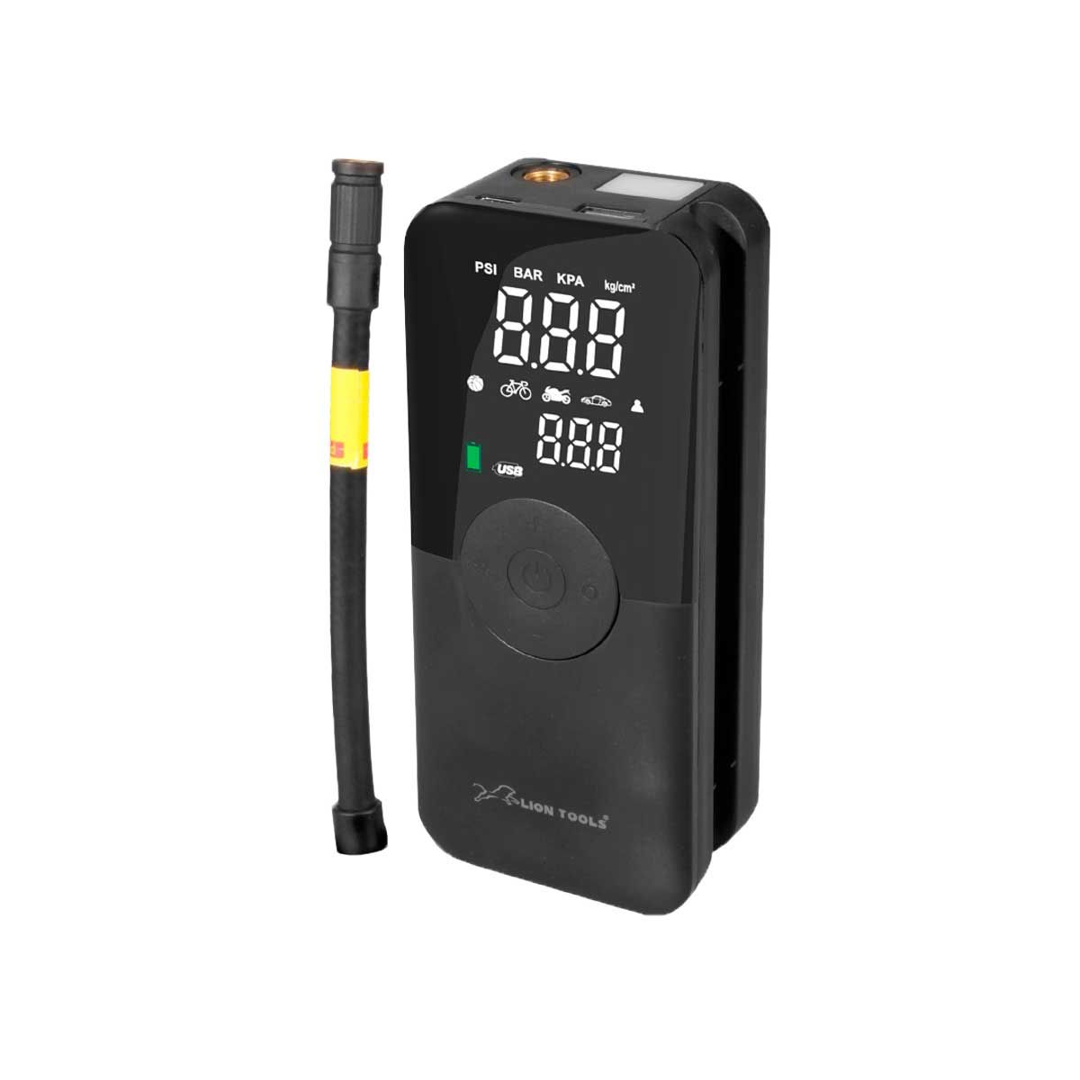 Bomba de aire portátil 2907 Lion Tools — Inflador recargable 3-150 PSI con linterna y power bank