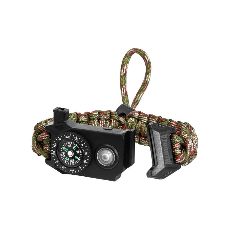 Pulsera Paracord de Supervivencia 6 en 1 Mendoza CAMP-003 – Con Luz LED, Brújula, Pedernal, Silbato, Cuerda y Cuchilla