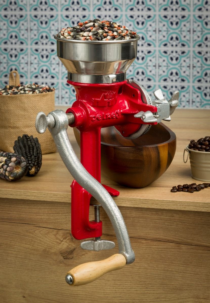 Molino de Grano Manual Rojo Estañado con Tolva Baja