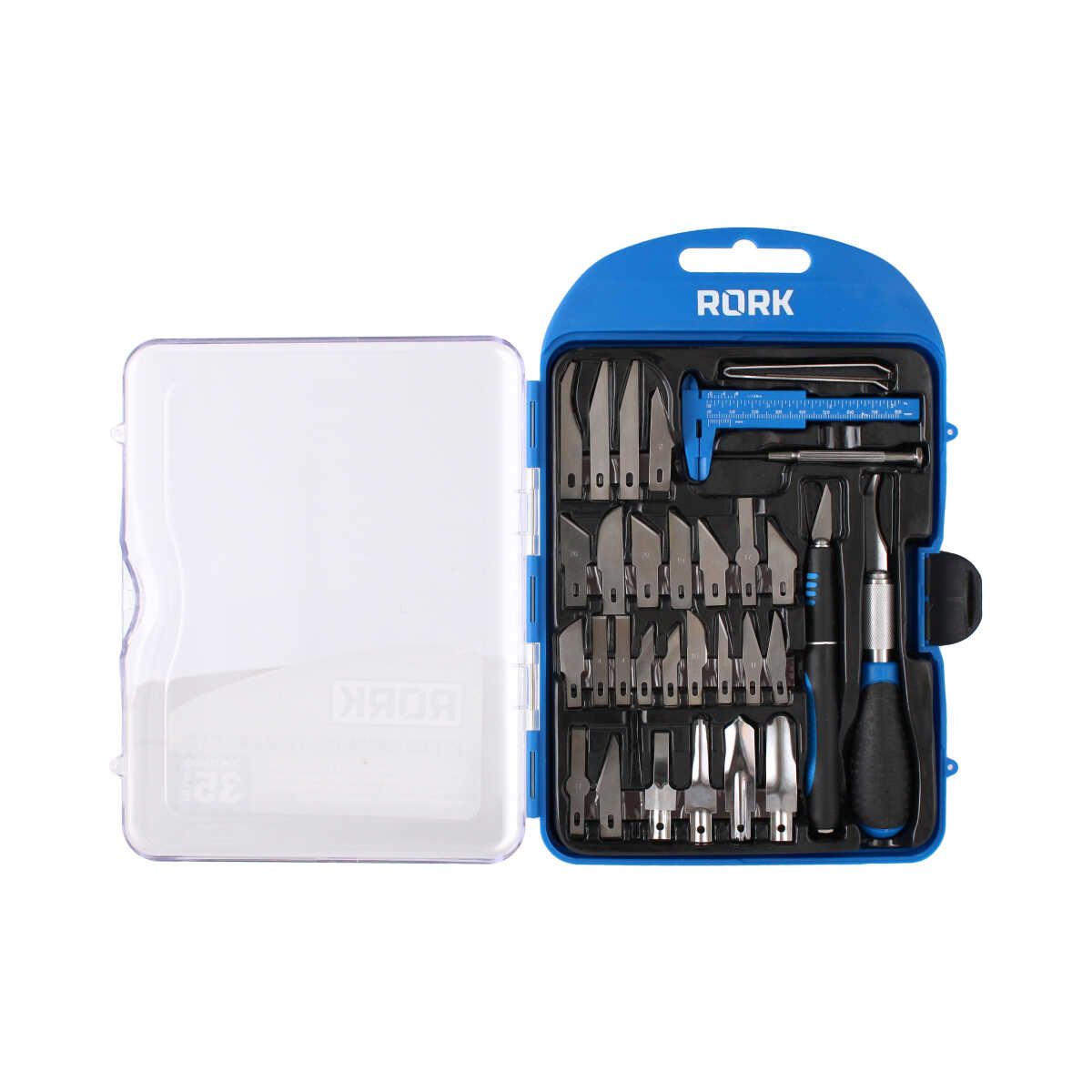 Kit de Navajas Tipo Exacto 35 Piezas RORK MRK-001 – Herramientas de Precisión para Manualidades, Modelismo y Corte