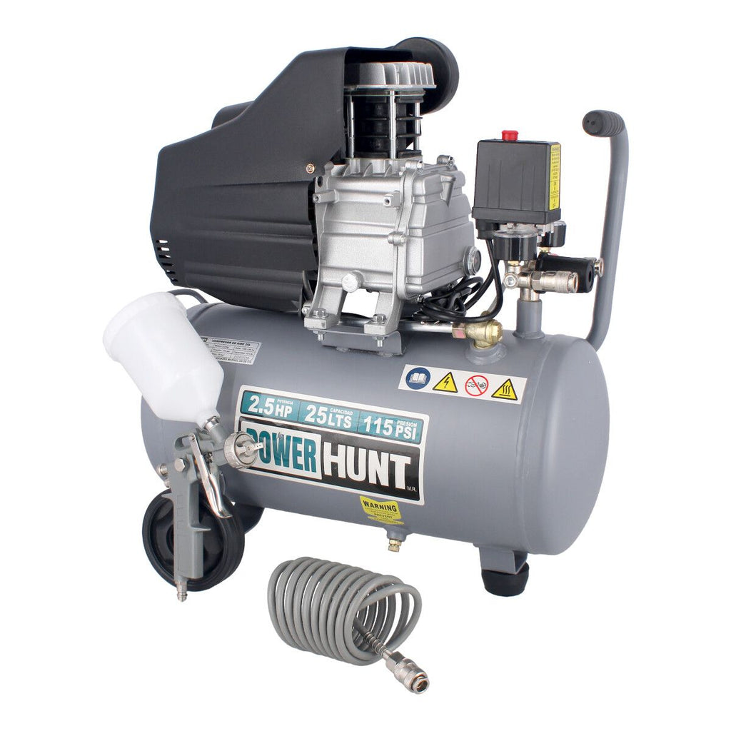 Kit Compresor Power Hunt COMPHKIT25L 2.5 HP con Tanque 25 L – Incluye Manguera y Pistola de Aire Profesional