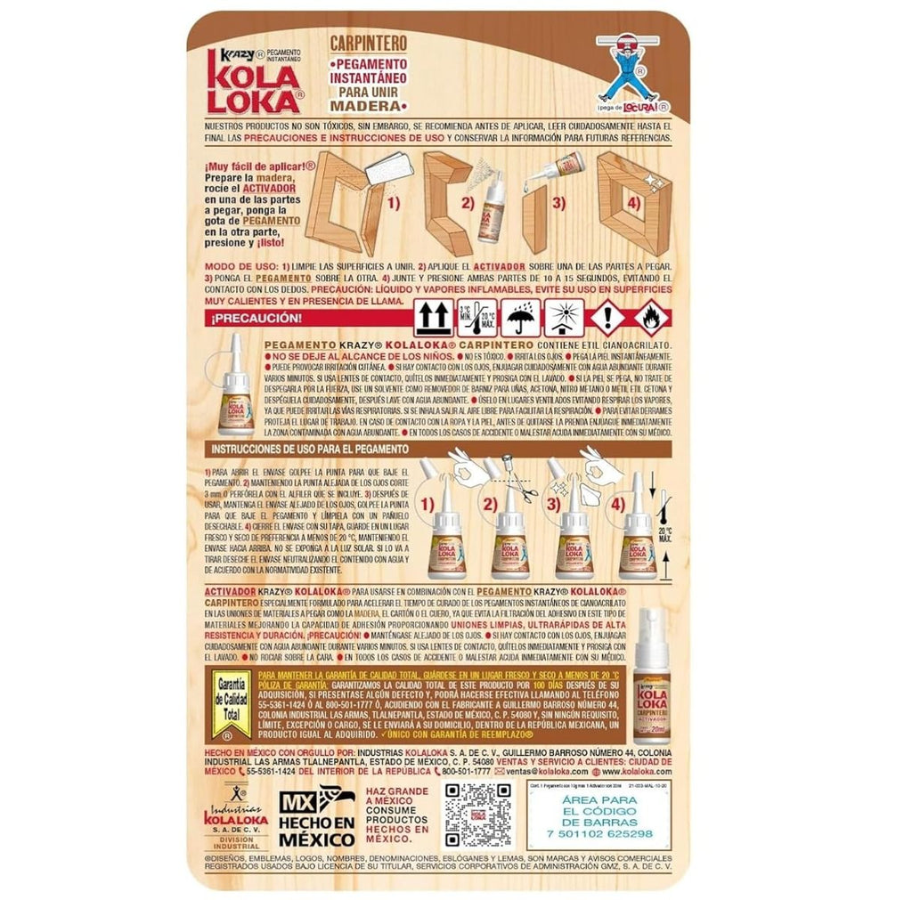 Pegamento para Madera Kola Loka 10 g + Activador 20 ml | Adhesivo Instantáneo Profesional para Carpintería y Reparaciones Rápidas