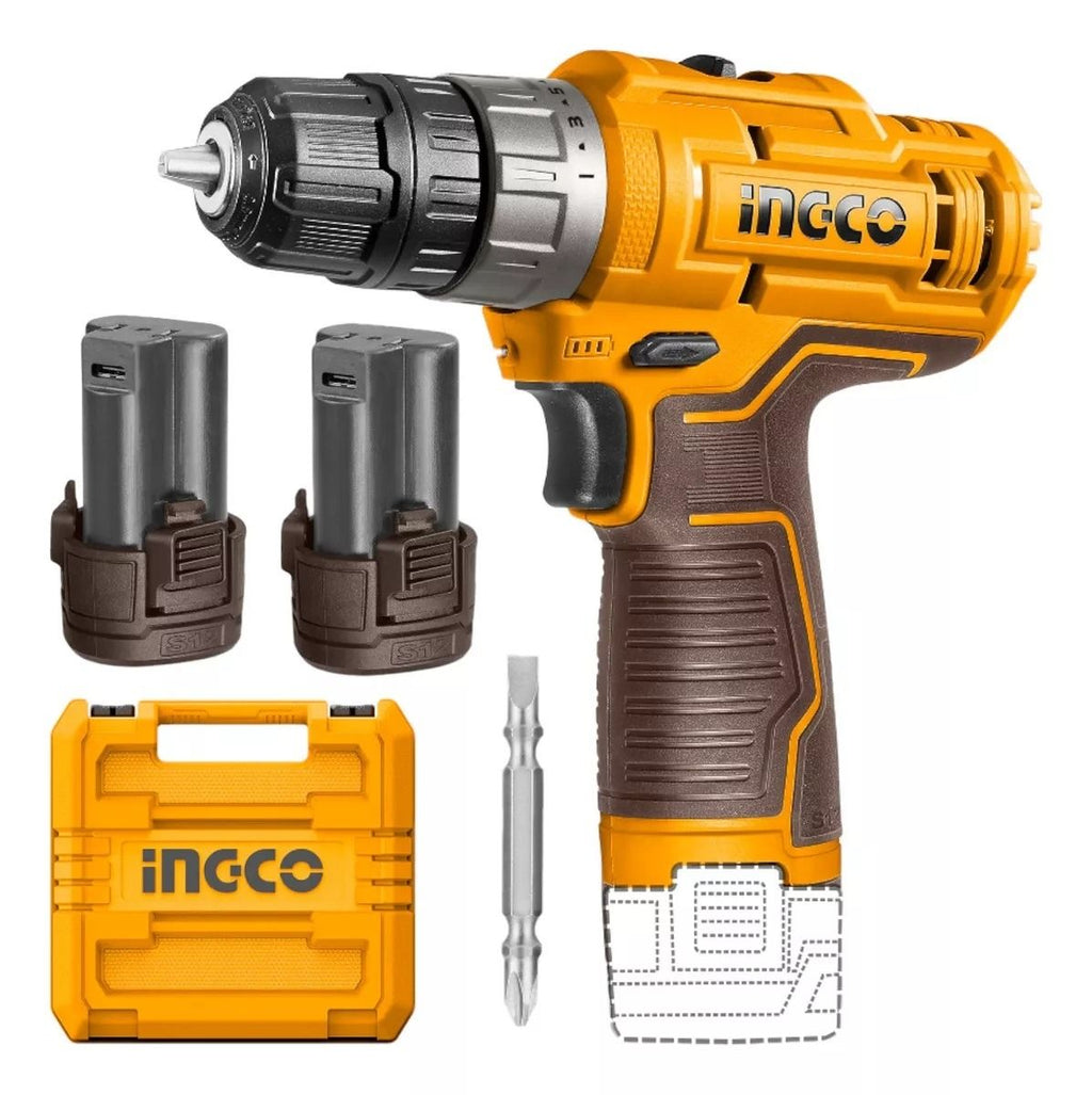 Taladro Atornillador Inalámbrico Ingco CDLI12202 12V 3/8” con 2 Baterías, Cargador Rápido y Estuche Profesional