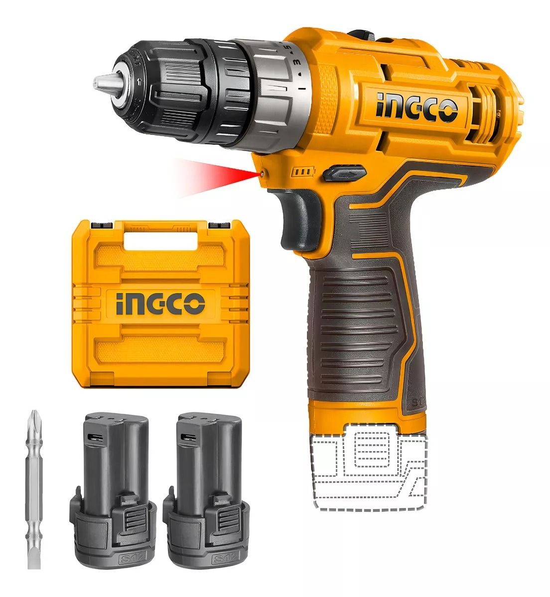 Taladro Atornillador Inalámbrico Ingco CDLI12202 12V 3/8” con 2 Baterías, Cargador Rápido y Estuche Profesional