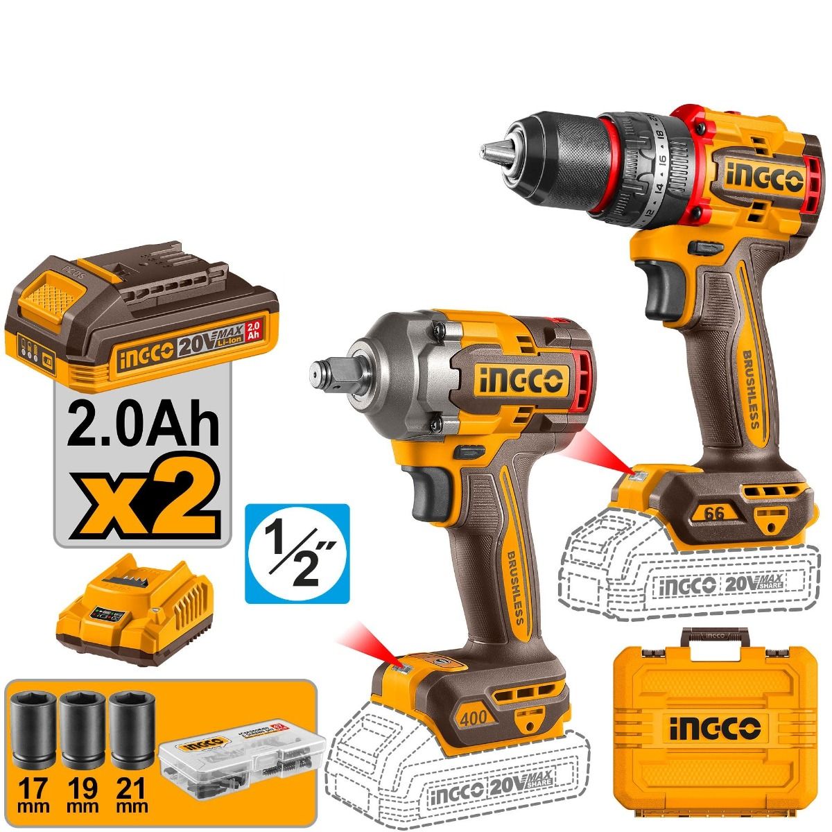 Combo Rotomartillo + Llave de Impacto 20V Ingco UCKLI20275 | Kit Inalámbrico Profesional con Baterías y Cargador