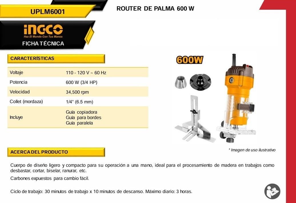 Router Ingco UPLM6001 1/4” 600W con Base Ajustable y Guía Lateral para Carpintería y Acabados Profesionales